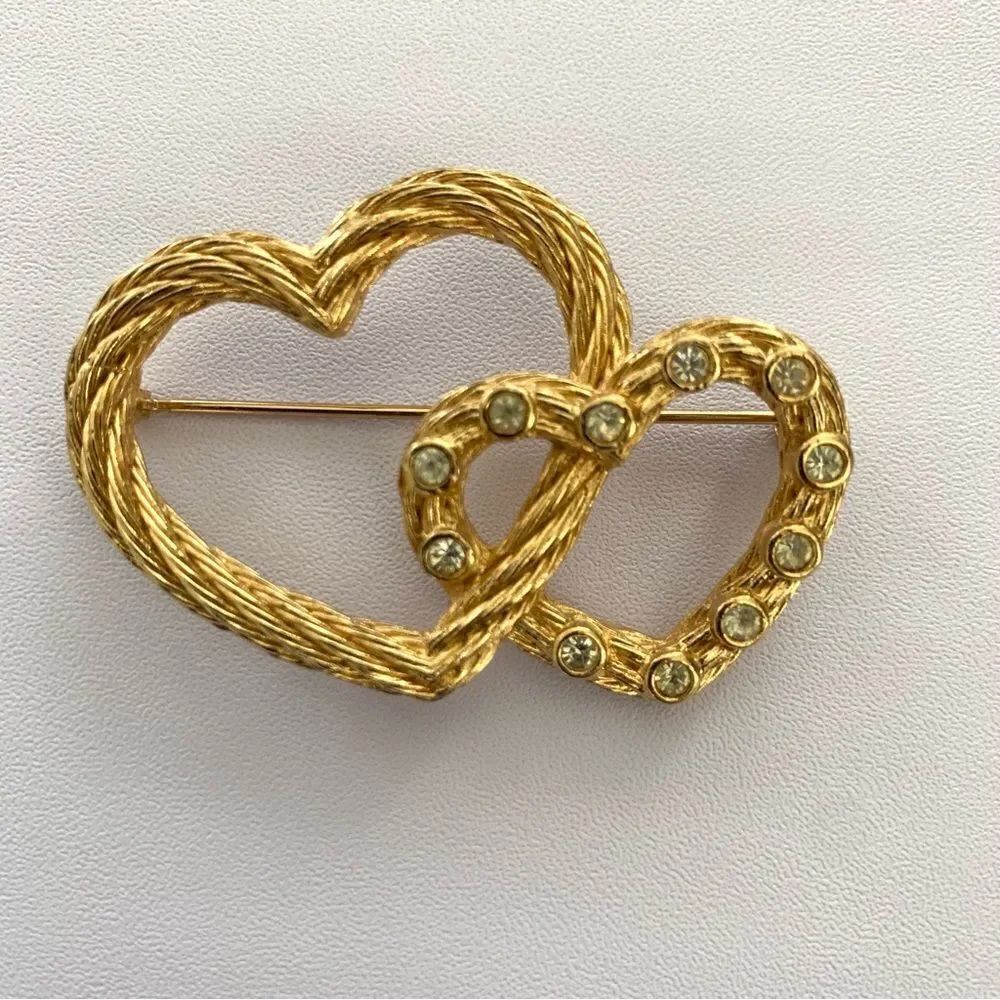 Christian Dior Double Heart Women’s Brooch with Rhinestones